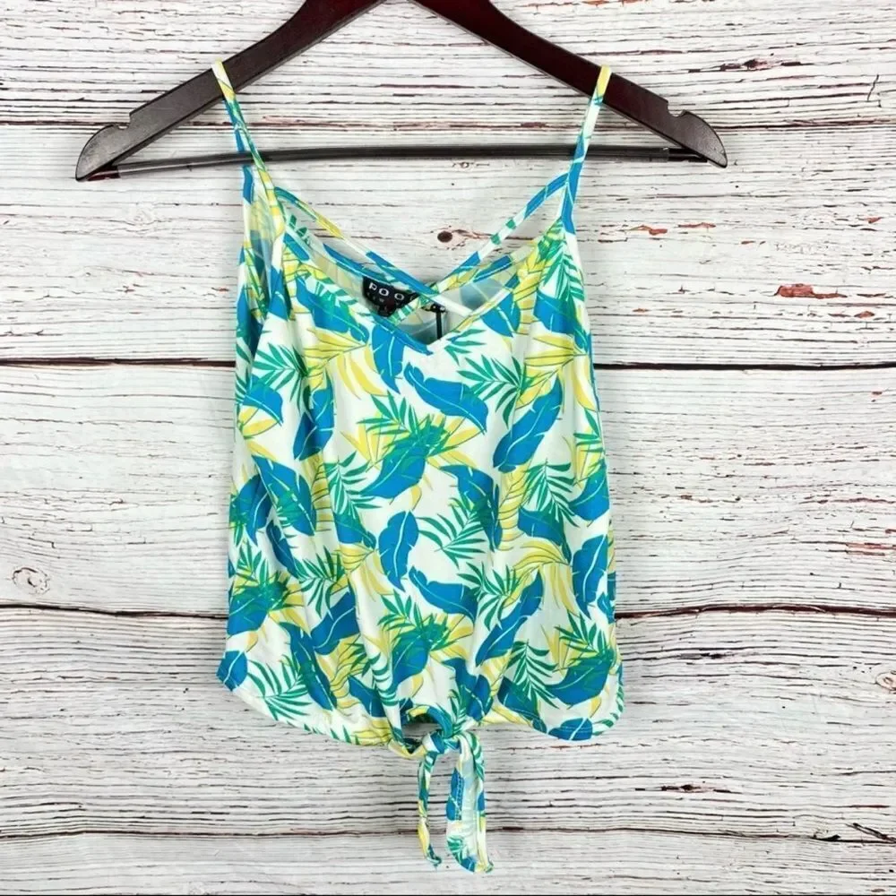 Poof Leafy Palm Print Tie‎ Front Strappy Neckline Tank Top Green Yellow Large
